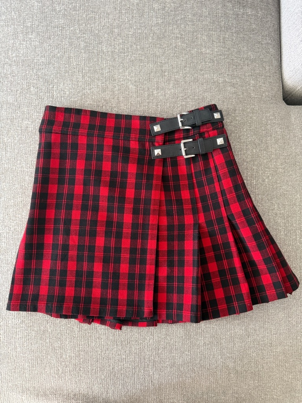 MICHAEL Michael Kors Red and Black Plaid Pleated Mini Skirt with Buckle Straps